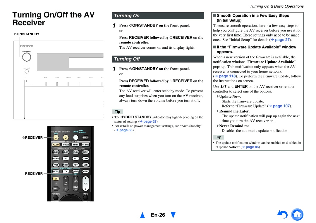 Onkyo TX-NR5010 instruction manual Turning On/Off the AV, Receiver, En-26, Turning Off 