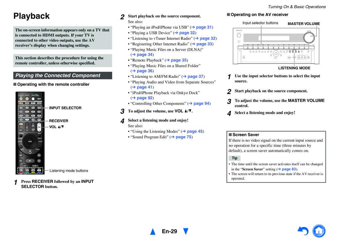 Onkyo TX-NR5010 instruction manual Playback, En-29, Playing the Connected Component 