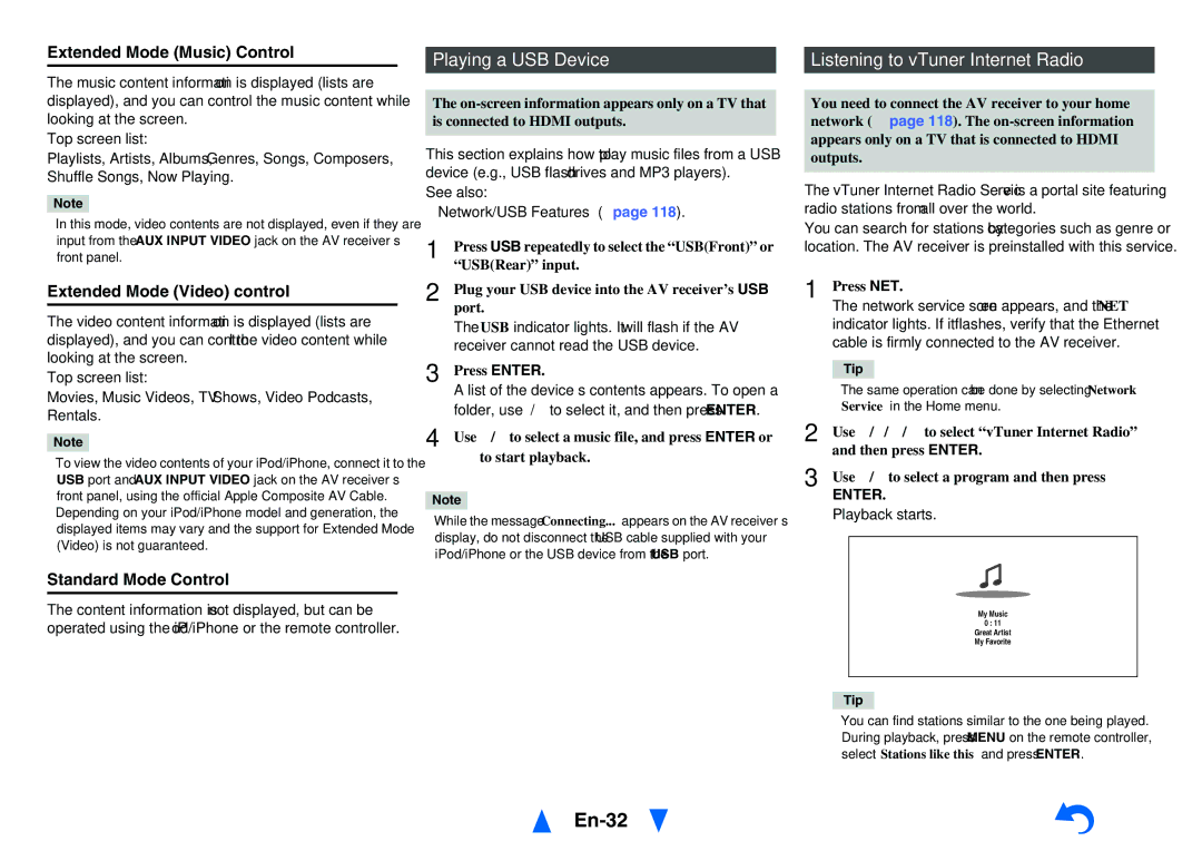 Onkyo TX-NR5010 instruction manual En-32, Playing a USB Device, Listening to vTuner Internet Radio 