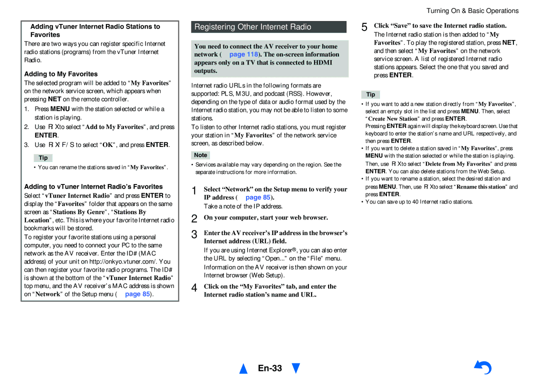 Onkyo TX-NR5010 En-33, Registering Other Internet Radio, Adding vTuner Internet Radio Stations to Favorites 