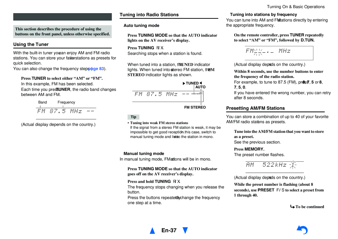 Onkyo TX-NR5010 En-37, Listening to AM/FM Radio, Using the Tuner, Tuning into Radio Stations, Presetting AM/FM Stations 