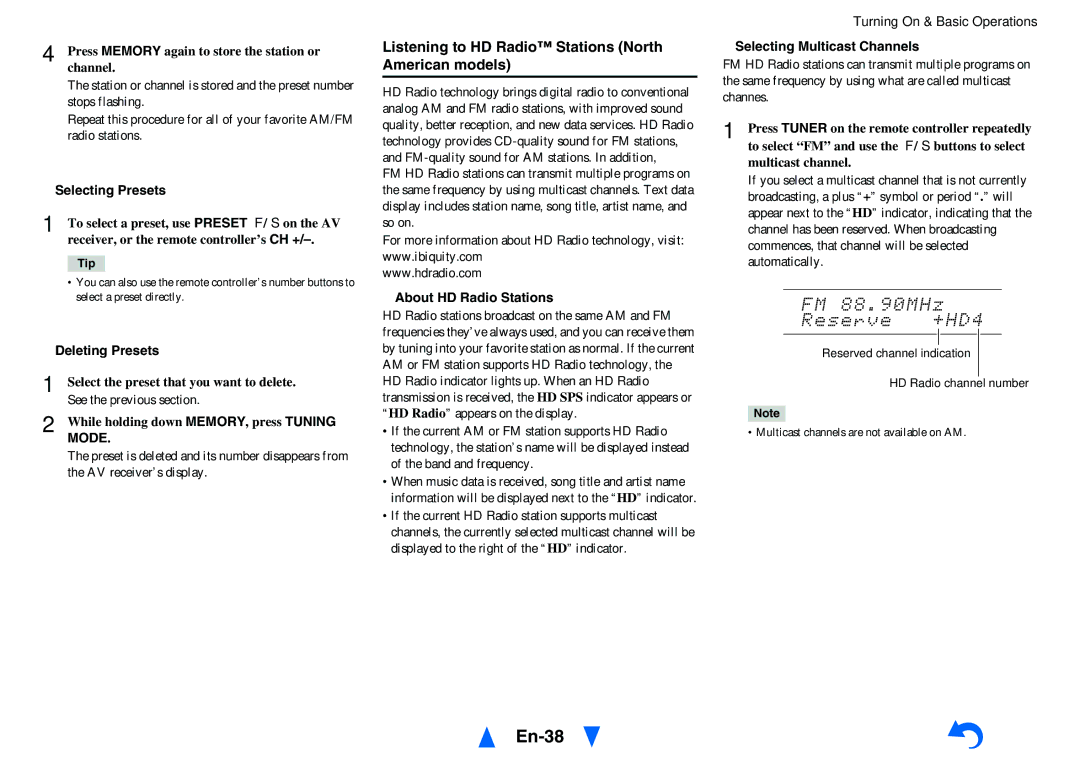 Onkyo TX-NR5010 instruction manual En-38, Listening to HD Radio Stations North American models, Mode 