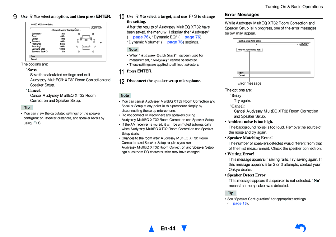 Onkyo TX-NR5010 instruction manual En-44, Error Messages 