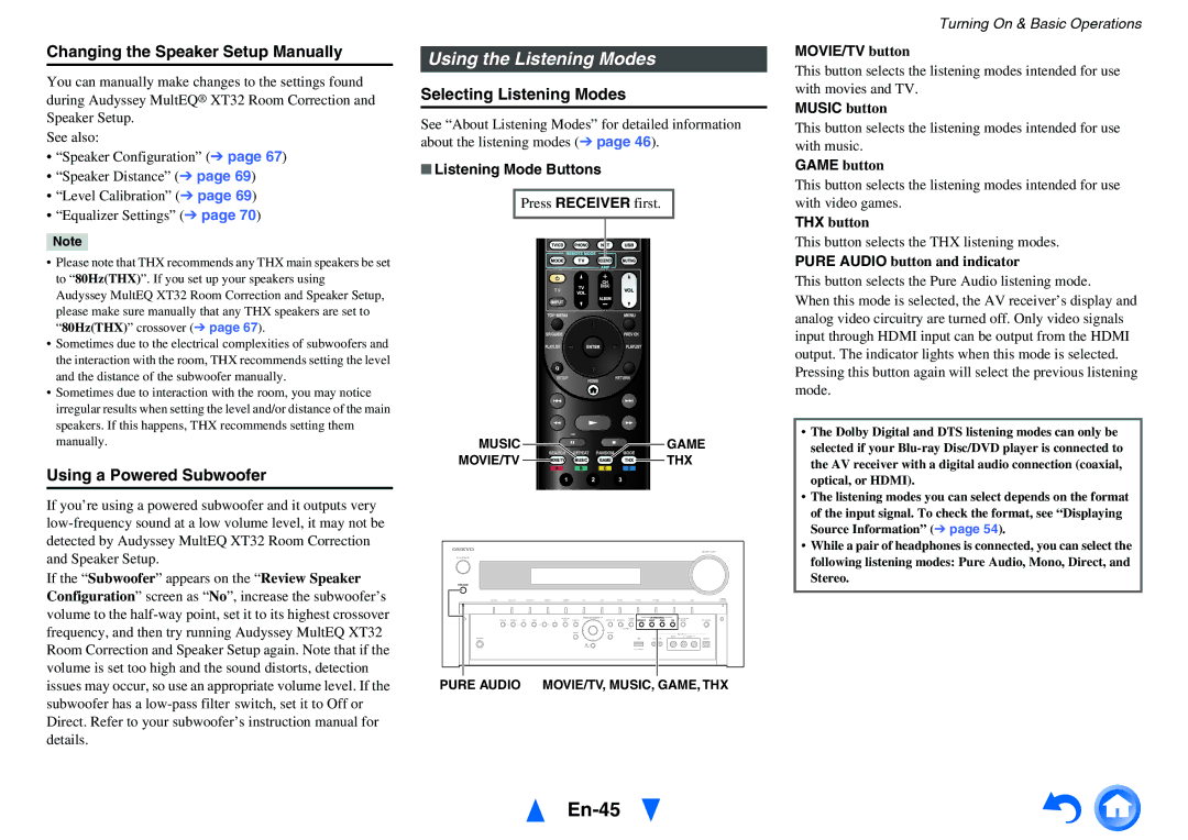 Onkyo TX-NR5010 En-45, Using the Listening Modes, Changing the Speaker Setup Manually, Using a Powered Subwoofer 