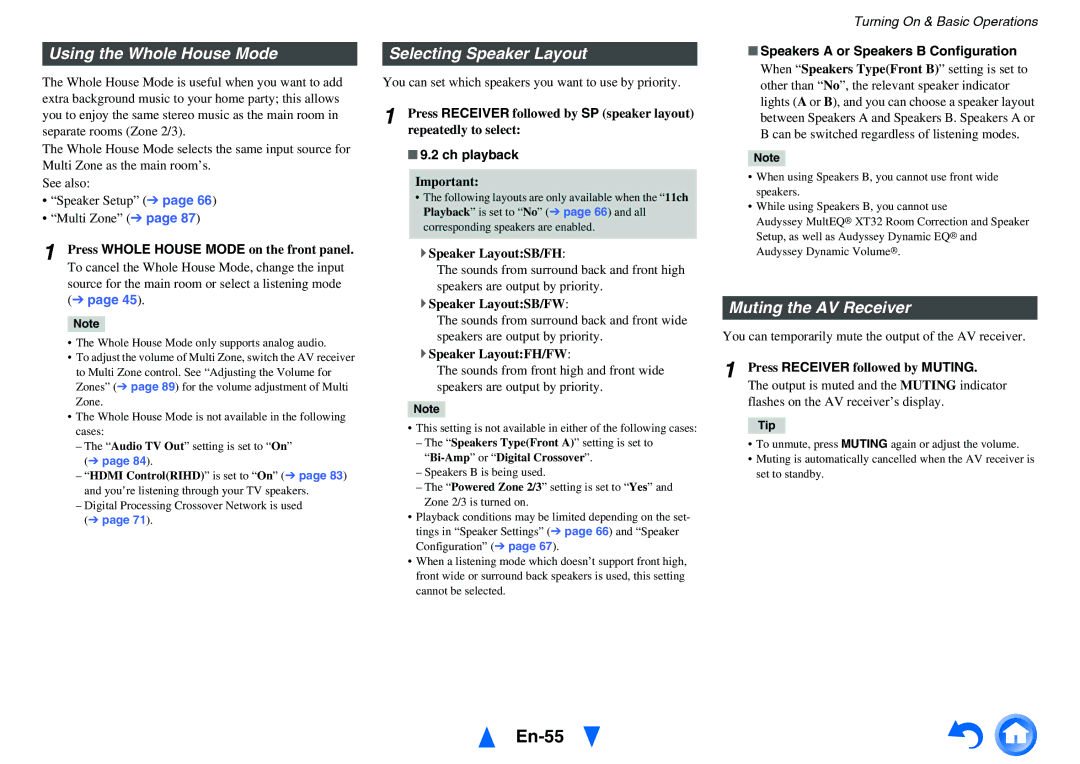 Onkyo TX-NR5010 instruction manual En-55, Using the Whole House Mode, Selecting Speaker Layout, Muting the AV Receiver 