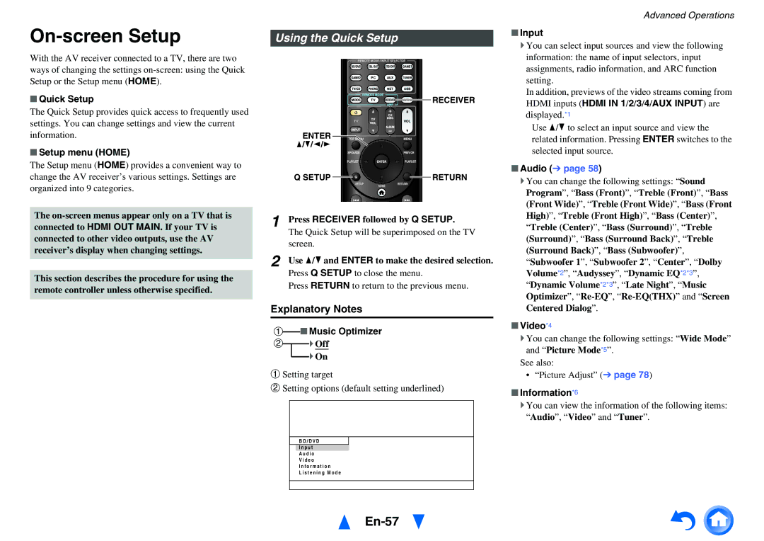 Onkyo TX-NR5010 instruction manual On-screen Setup, En-57, Using the Quick Setup, Explanatory Notes 