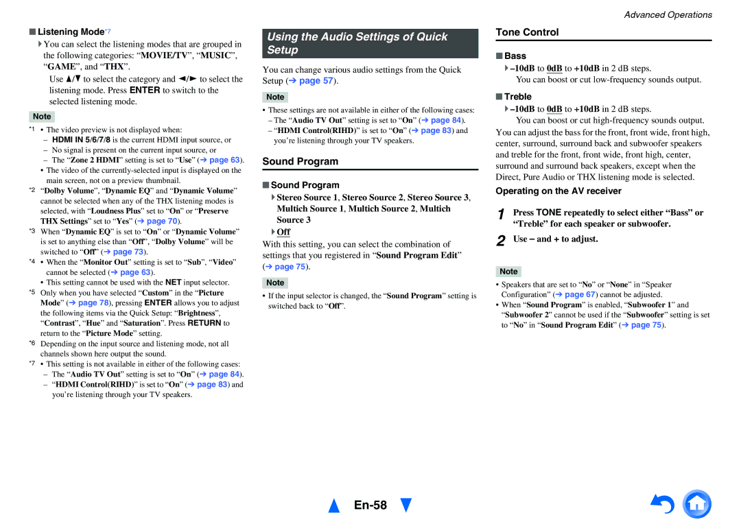 Onkyo TX-NR5010 instruction manual En-58, Using the Audio Settings of Quick Setup, Sound Program, Tone Control 