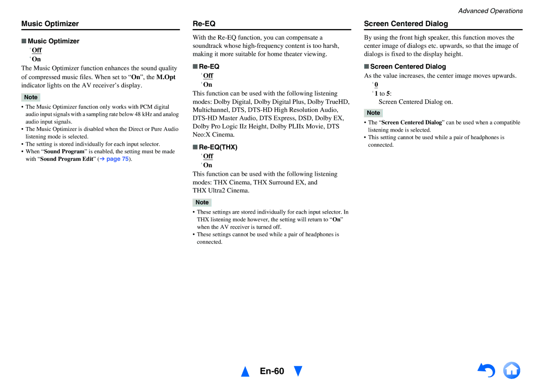 Onkyo TX-NR5010 instruction manual En-60, Music Optimizer, Re-EQ, Screen Centered Dialog 