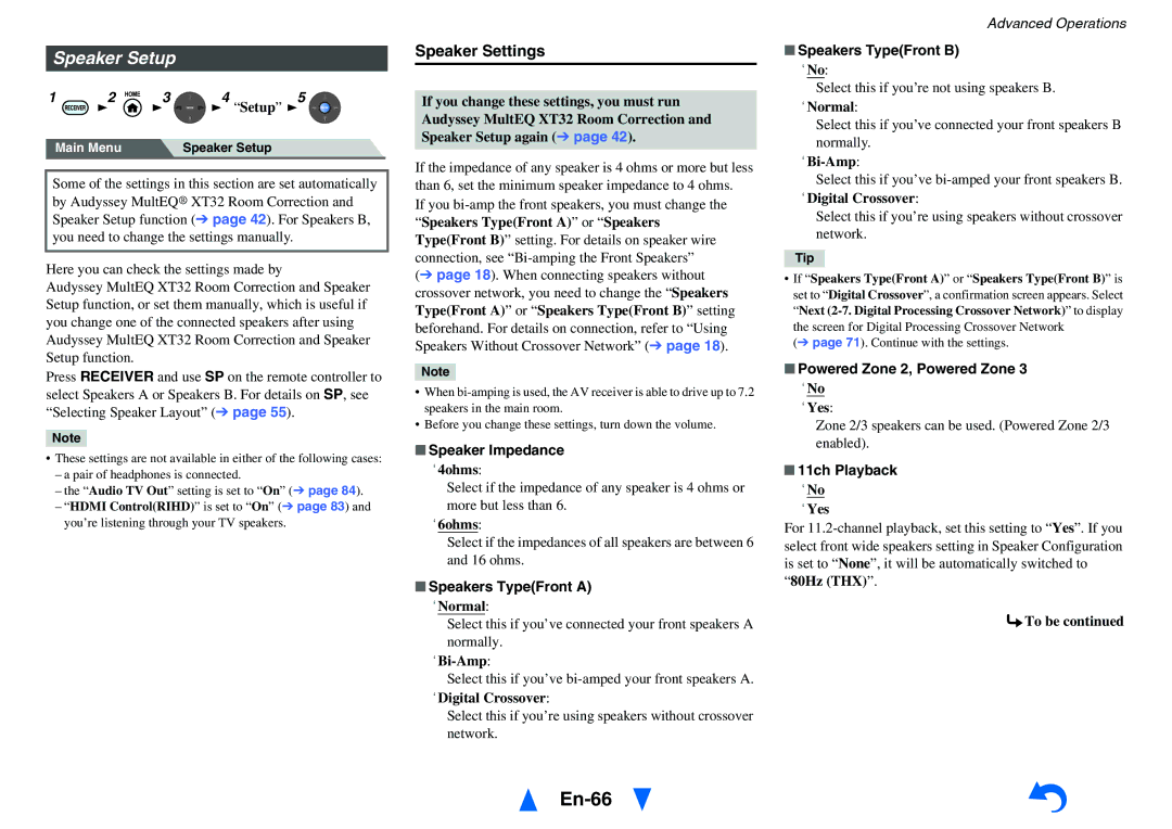 Onkyo TX-NR5010 instruction manual En-66, Speaker Setup, Speaker Settings 