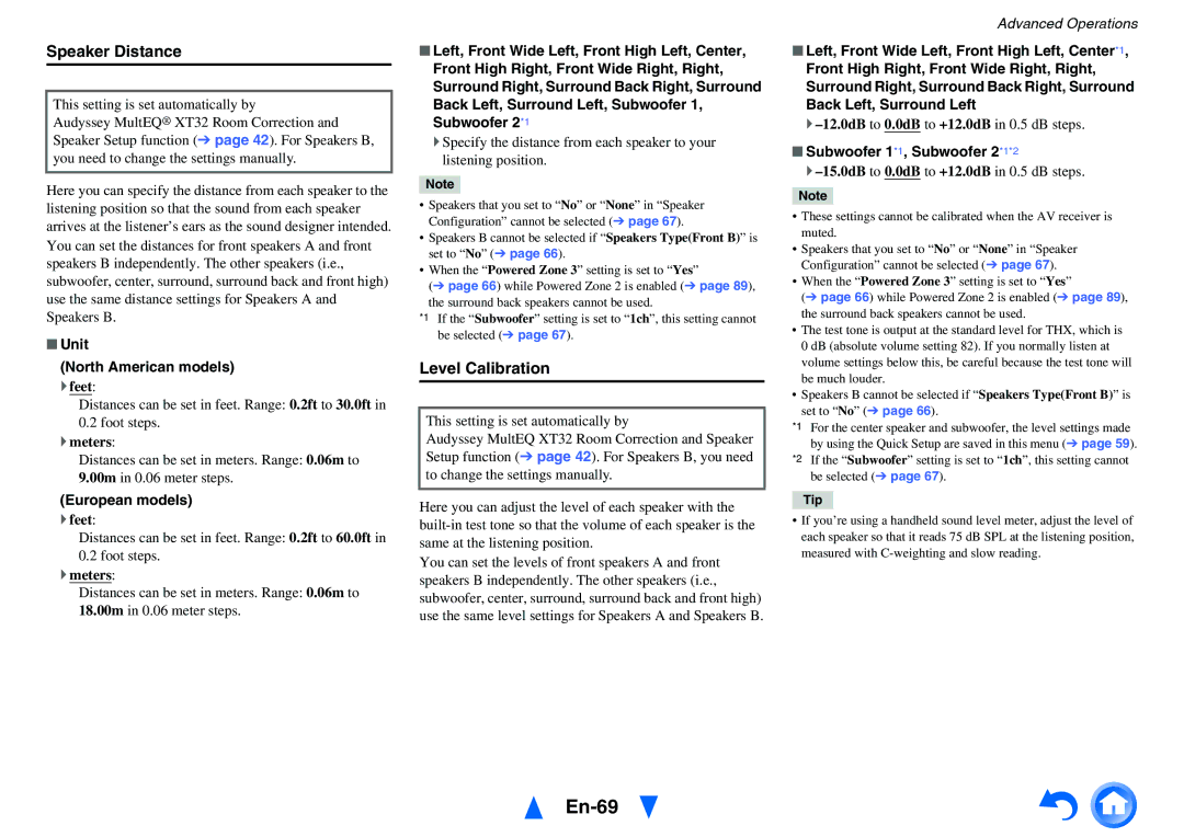 Onkyo TX-NR5010 instruction manual En-69, Speaker Distance, Level Calibration 