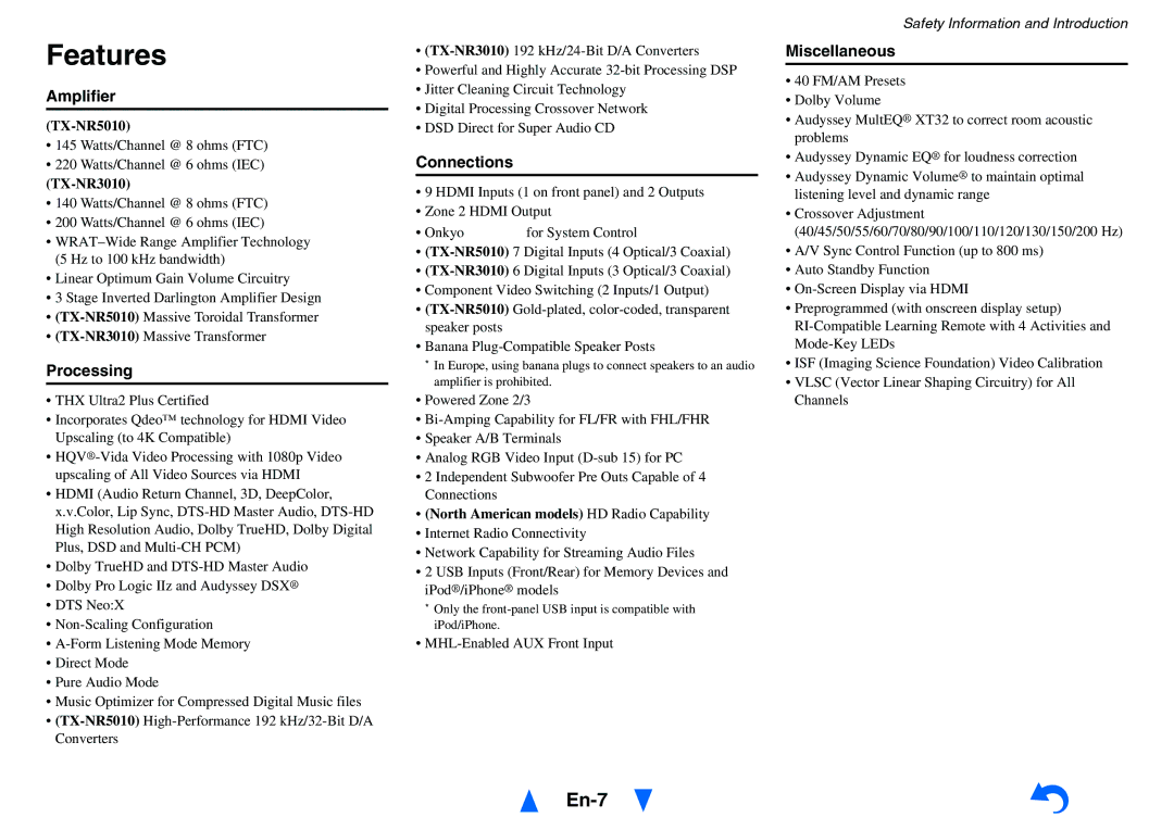 Onkyo TX-NR5010 instruction manual Features, En-7 