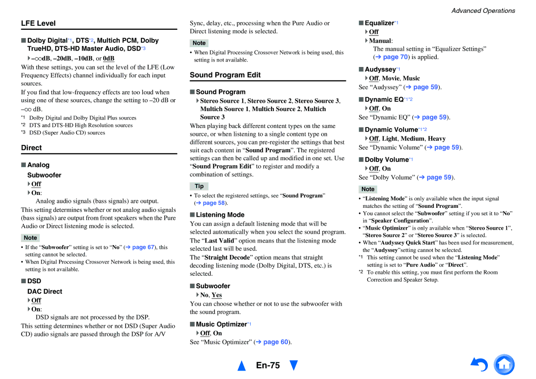 Onkyo TX-NR5010 instruction manual En-75, LFE Level, Direct, Sound Program Edit, Dsd 