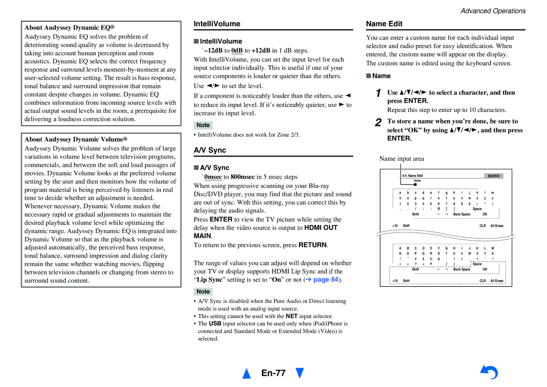 Onkyo TX-NR5010 instruction manual En-77, IntelliVolume, Sync, Name Edit 