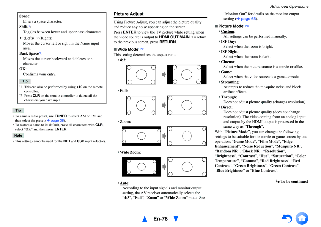 Onkyo TX-NR5010 instruction manual En-78, Picture Adjust, Wide Mode*1*2, Picture Mode*1*3 