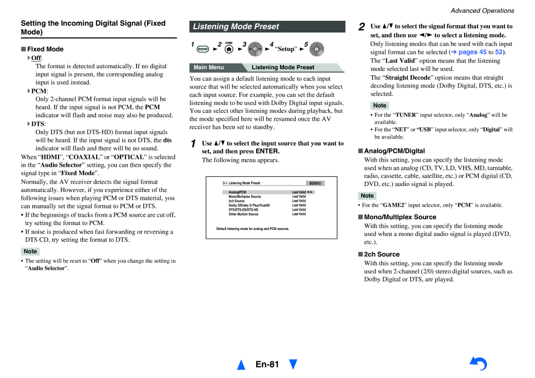 Onkyo TX-NR5010 instruction manual En-81, Listening Mode Preset, Setting the Incoming Digital Signal Fixed Mode 