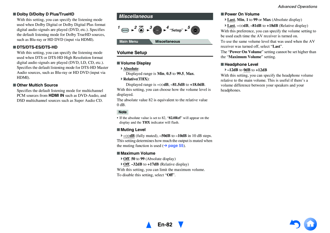 Onkyo TX-NR5010 instruction manual En-82, Miscellaneous, Volume Setup, Dts/Dts-Es/Dts-Hd 