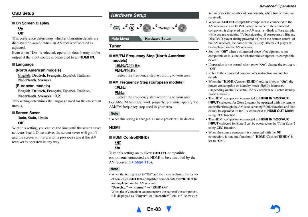 Onkyo TX-NR5010 instruction manual En-83, Hardware Setup, OSD Setup, Tuner 