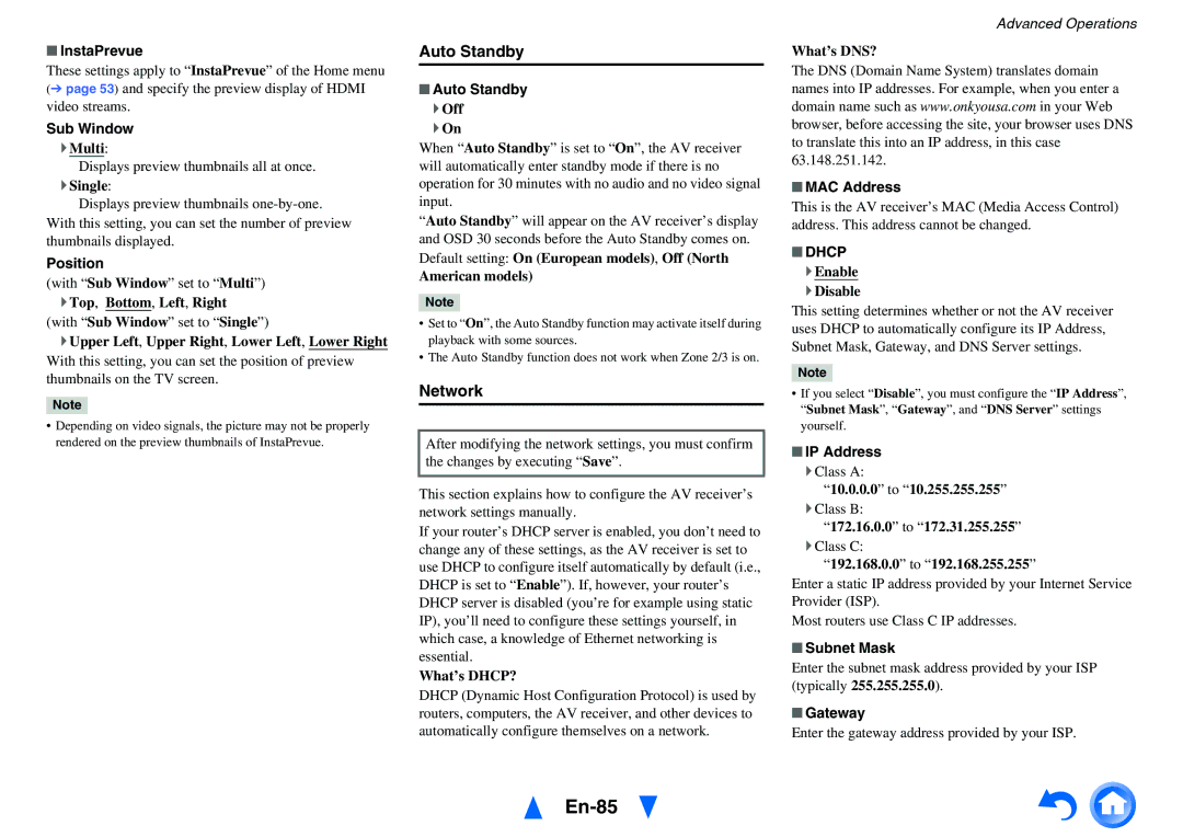 Onkyo TX-NR5010 instruction manual En-85, Auto Standby, Network, Dhcp 