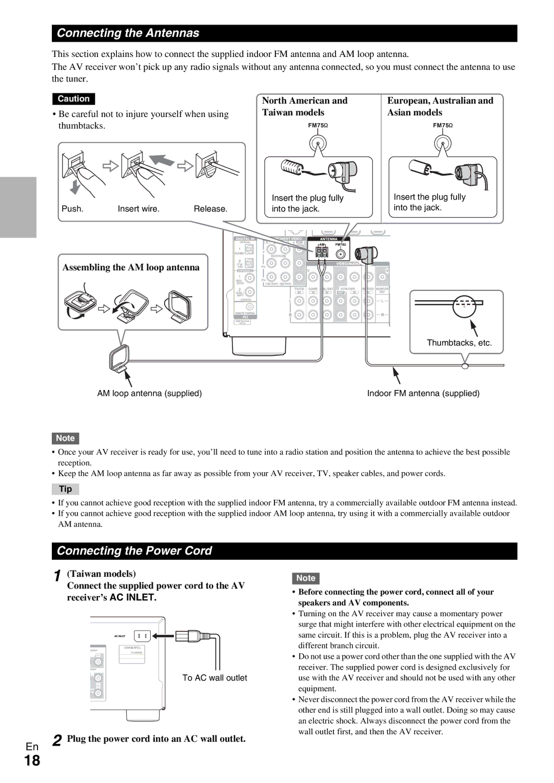 Onkyo TX-NR509 Connecting the Antennas, Connecting the Power Cord, North American, Assembling the AM loop antenna 