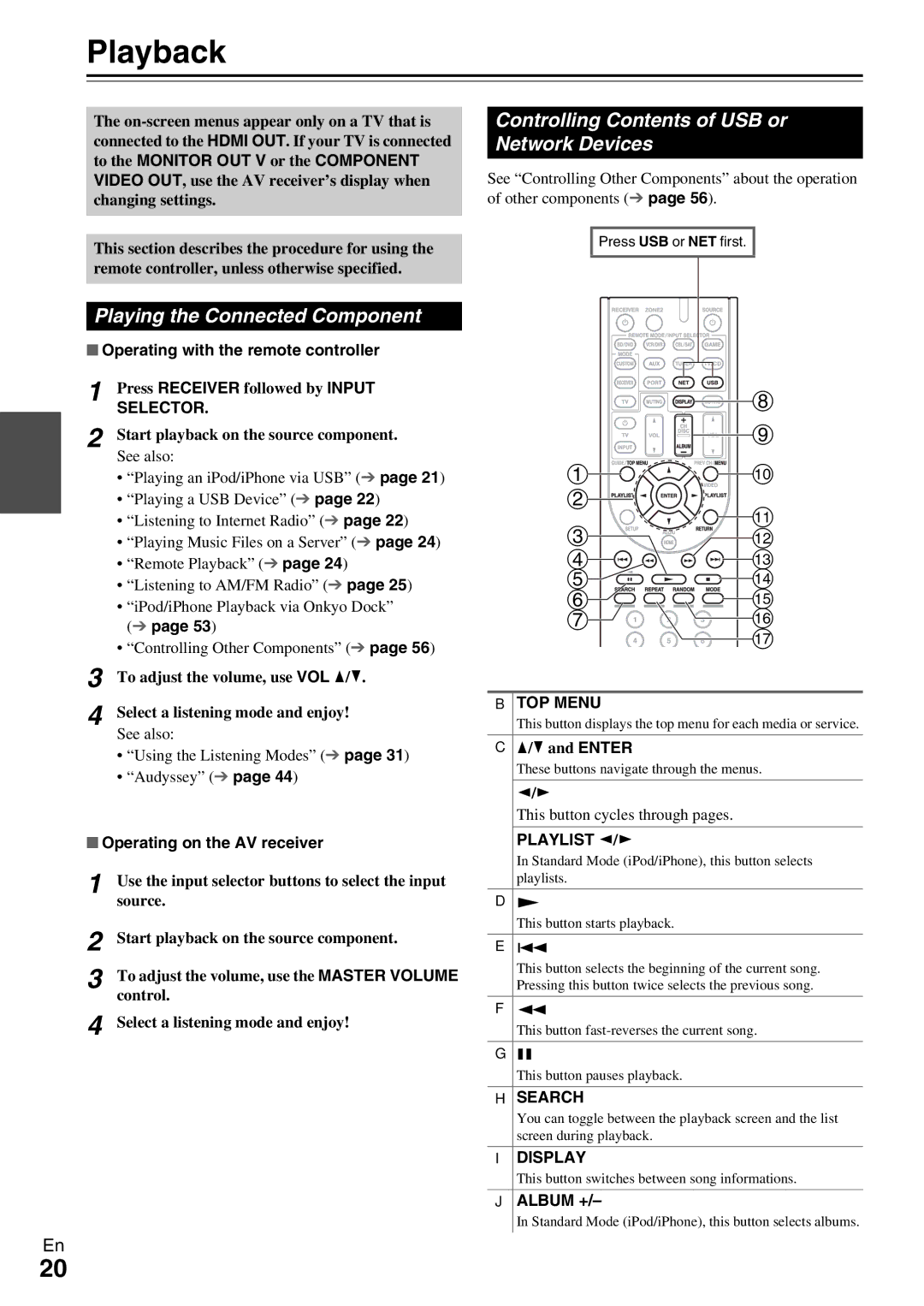 Onkyo TX-NR509 instruction manual Playback, Controlling Contents of USB or Network Devices, Playing the Connected Component 