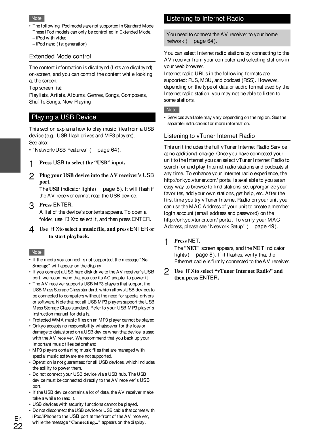 Onkyo TX-NR509 instruction manual Playing a USB Device, Listening to Internet Radio, Extended Mode control 