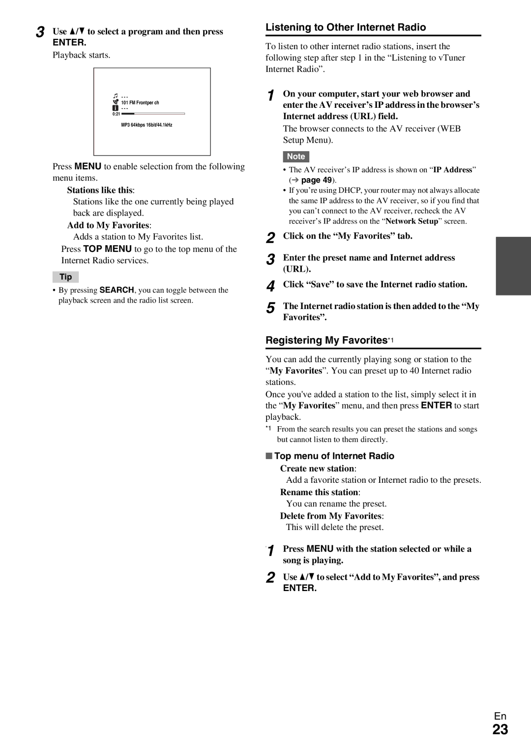 Onkyo TX-NR509 instruction manual Listening to Other Internet Radio, Registering My Favorites*1, Top menu of Internet Radio 