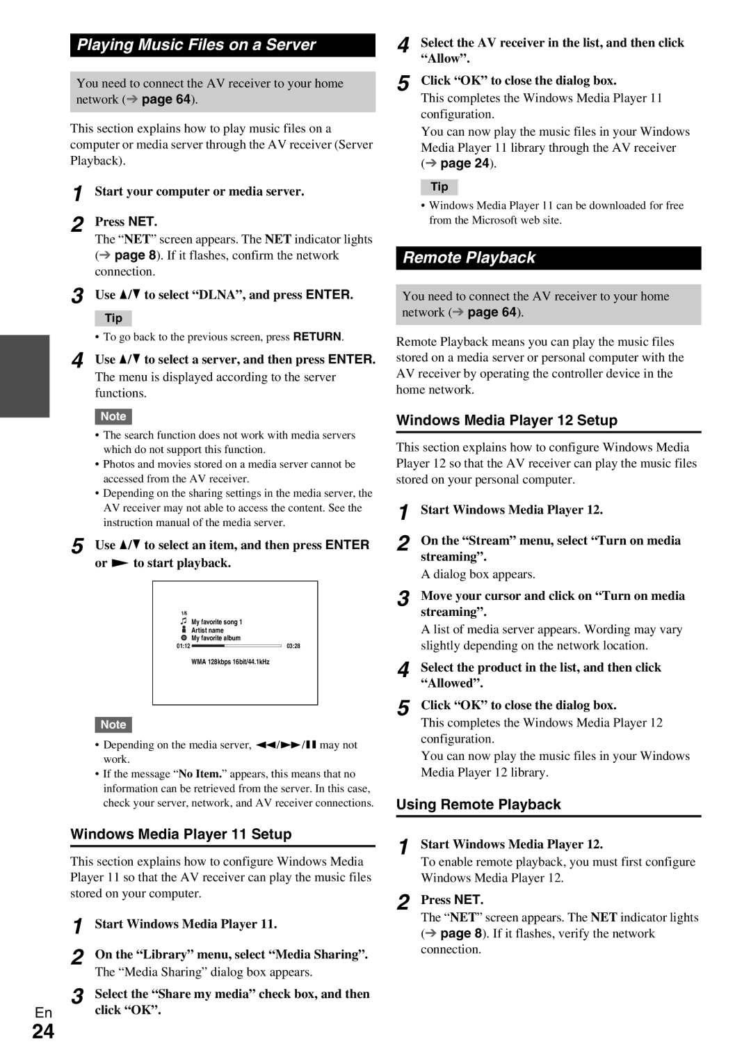 Onkyo TX-NR509 instruction manual Playing Music Files on a Server, Windows Media Player 11 Setup, Using Remote Playback 