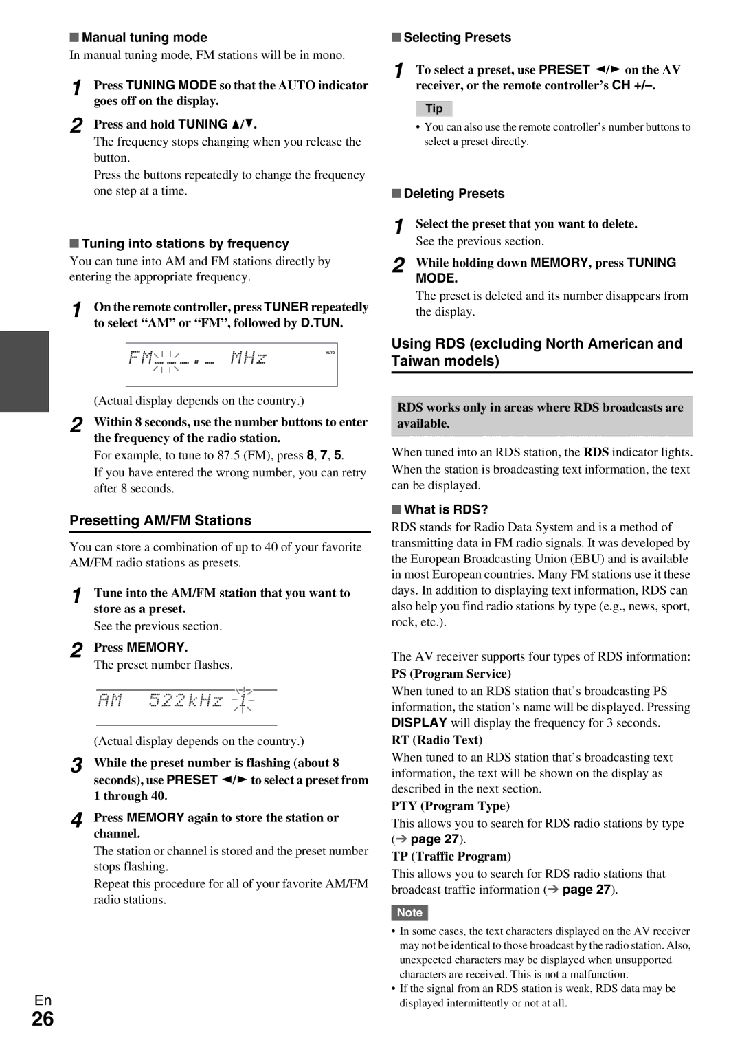 Onkyo TX-NR509 instruction manual Presetting AM/FM Stations, Using RDS excluding North American and Taiwan models 