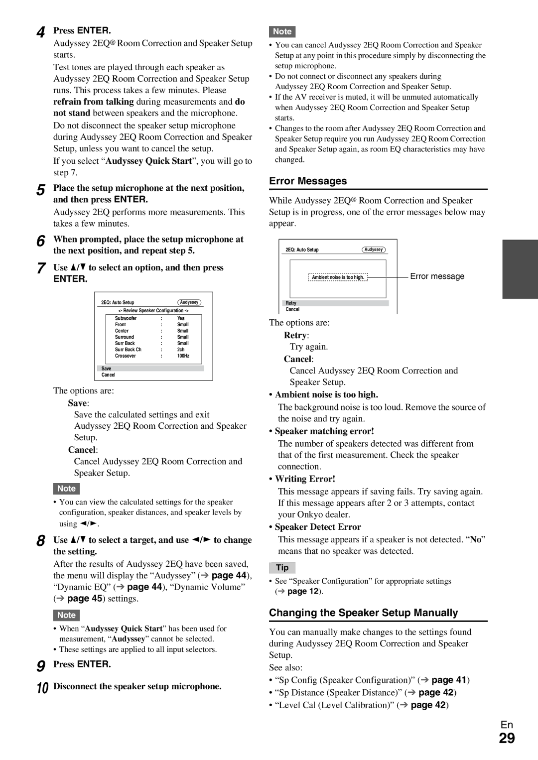 Onkyo TX-NR509 instruction manual Error Messages, Changing the Speaker Setup Manually 