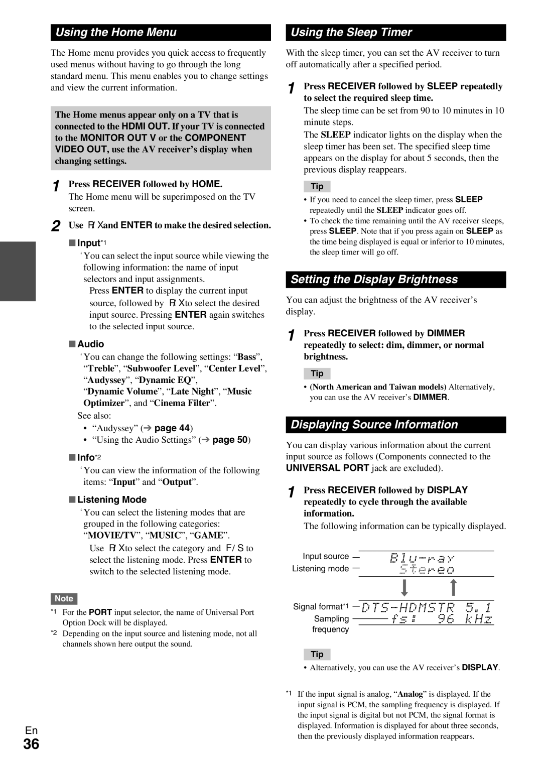 Onkyo TX-NR509 Using the Home Menu Using the Sleep Timer, Setting the Display Brightness, Displaying Source Information 