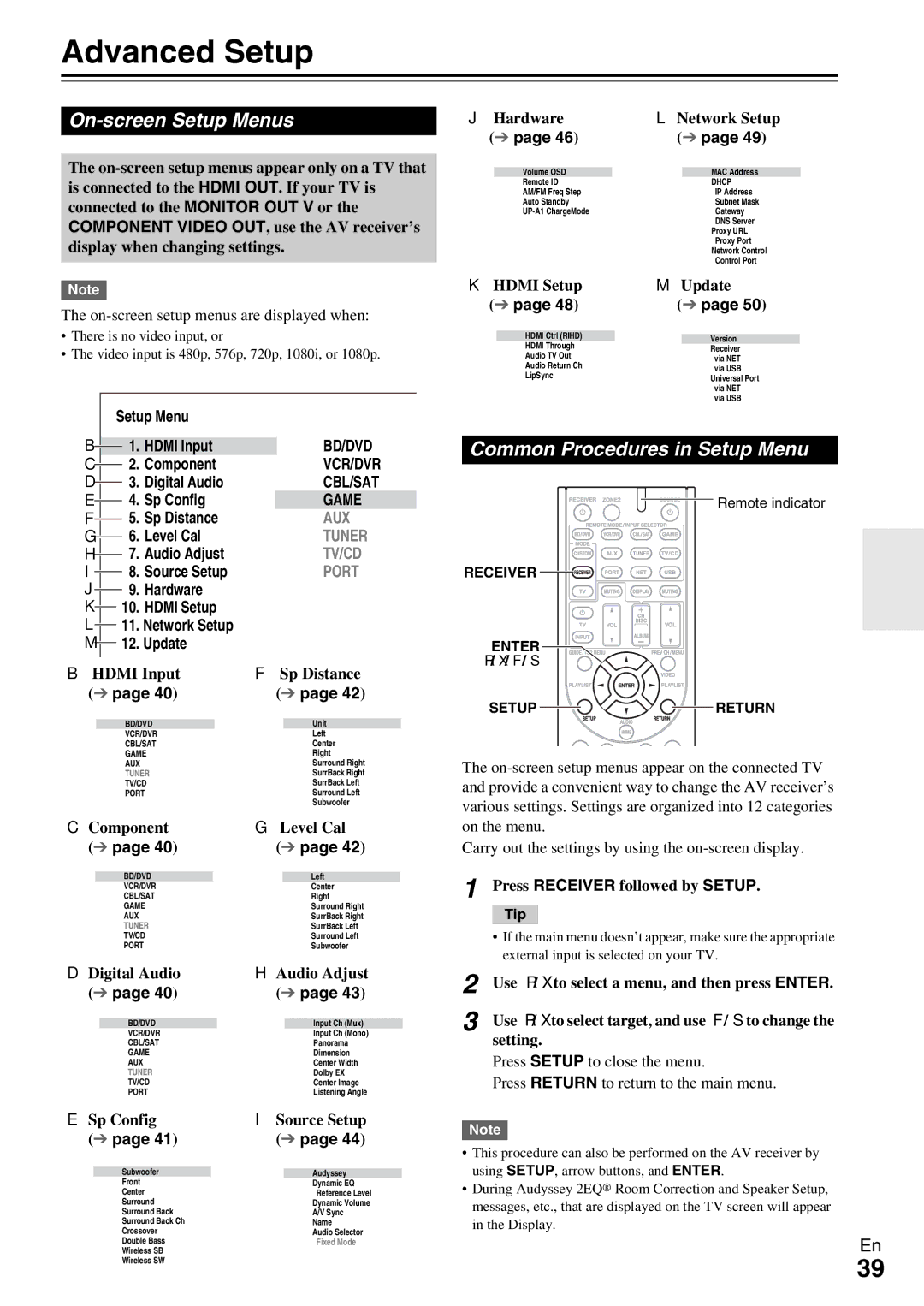 Onkyo TX-NR509 instruction manual Advanced Setup, On-screen Setup Menus, Common Procedures in Setup Menu 