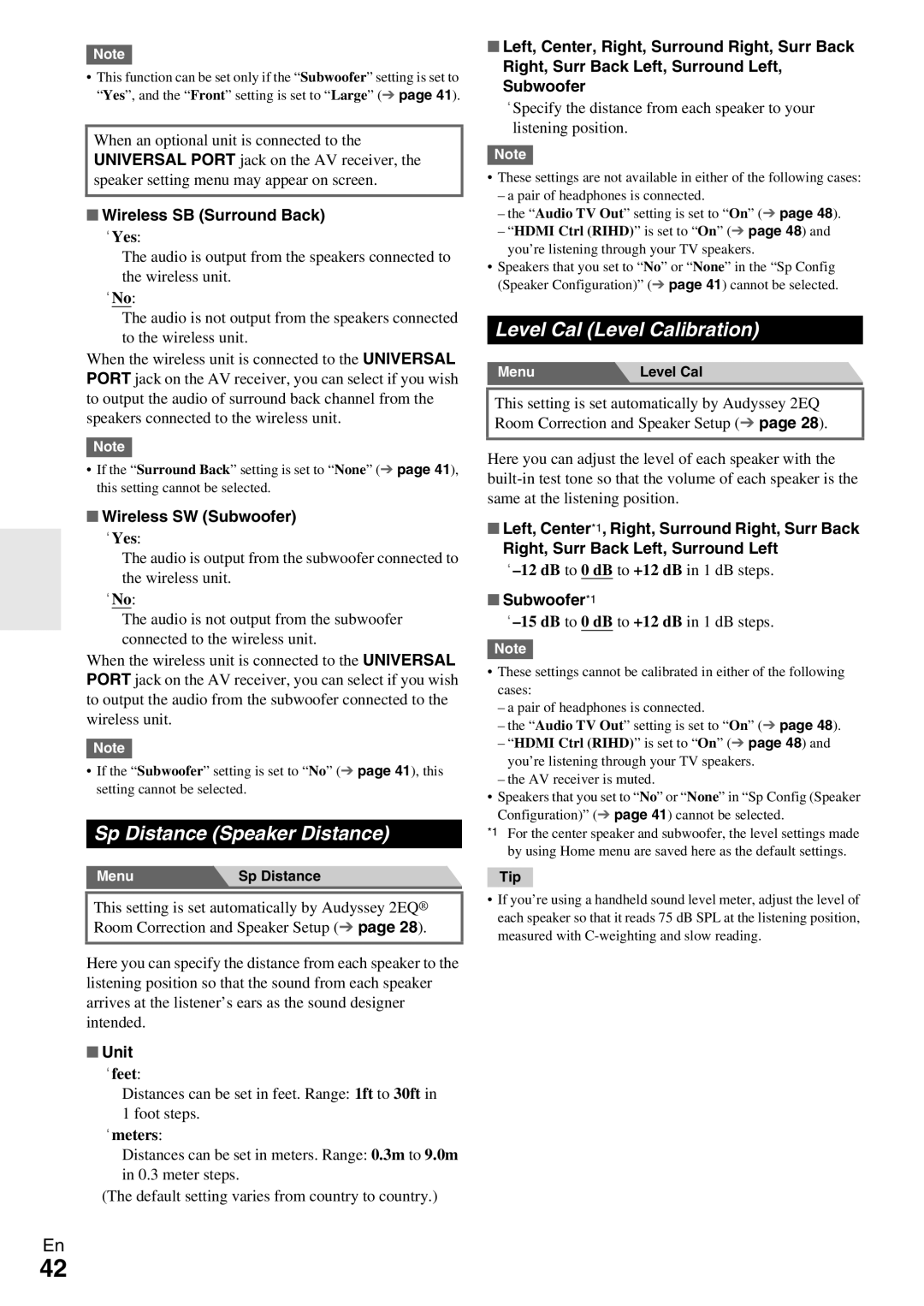 Onkyo TX-NR509 instruction manual Level Cal Level Calibration, Sp Distance Speaker Distance 