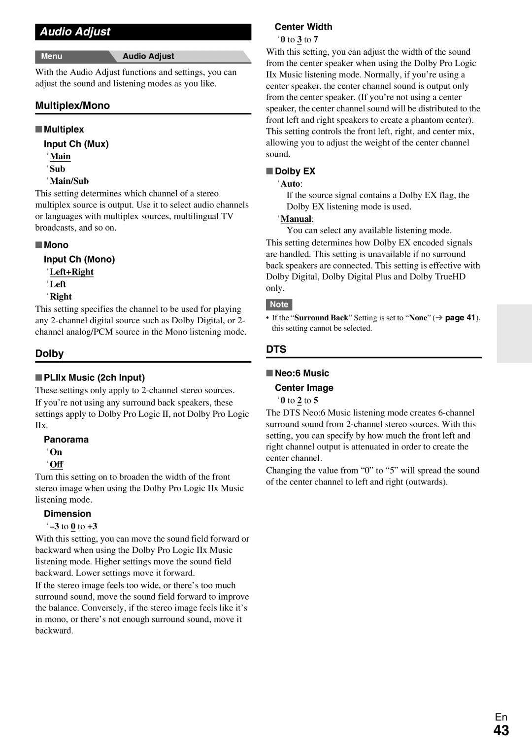 Onkyo TX-NR509 instruction manual Audio Adjust, Multiplex/Mono, Dolby 