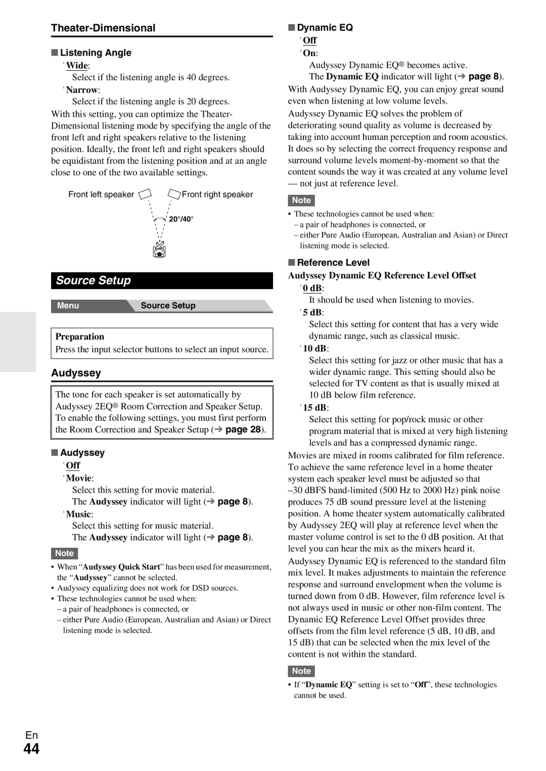 Onkyo TX-NR509 instruction manual Source Setup, Theater-Dimensional, Audyssey 