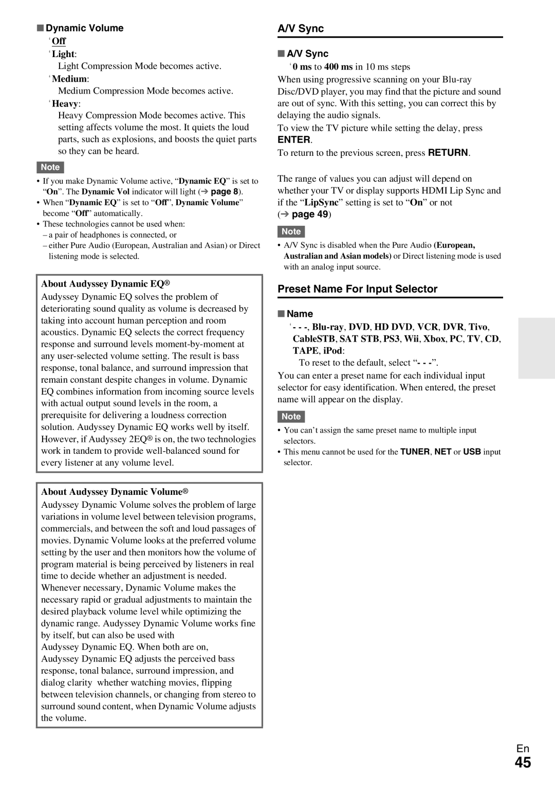 Onkyo TX-NR509 instruction manual Sync, Preset Name For Input Selector, Dynamic Volume 