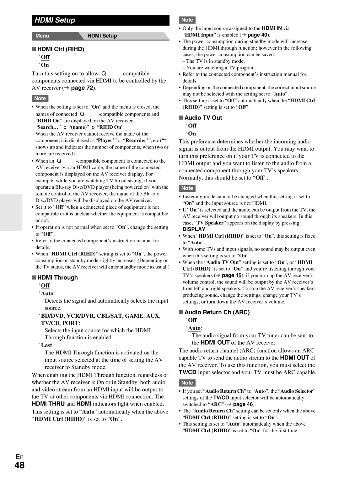 Onkyo TX-NR509 instruction manual Hdmi Setup, Hdmi Ctrl Rihd, Hdmi Through, Audio TV Out, Audio Return Ch ARC 