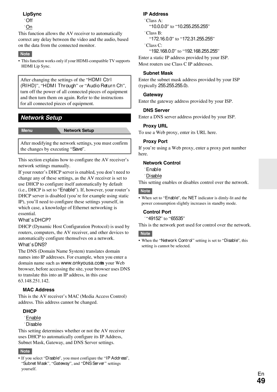 Onkyo TX-NR509 instruction manual Network Setup 