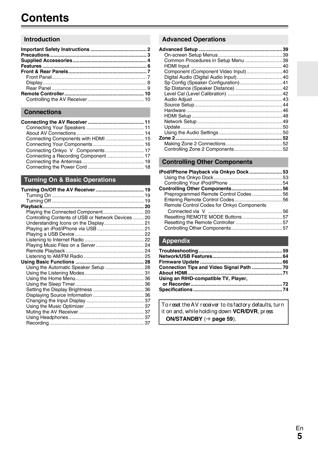 Onkyo TX-NR509 instruction manual Contents 