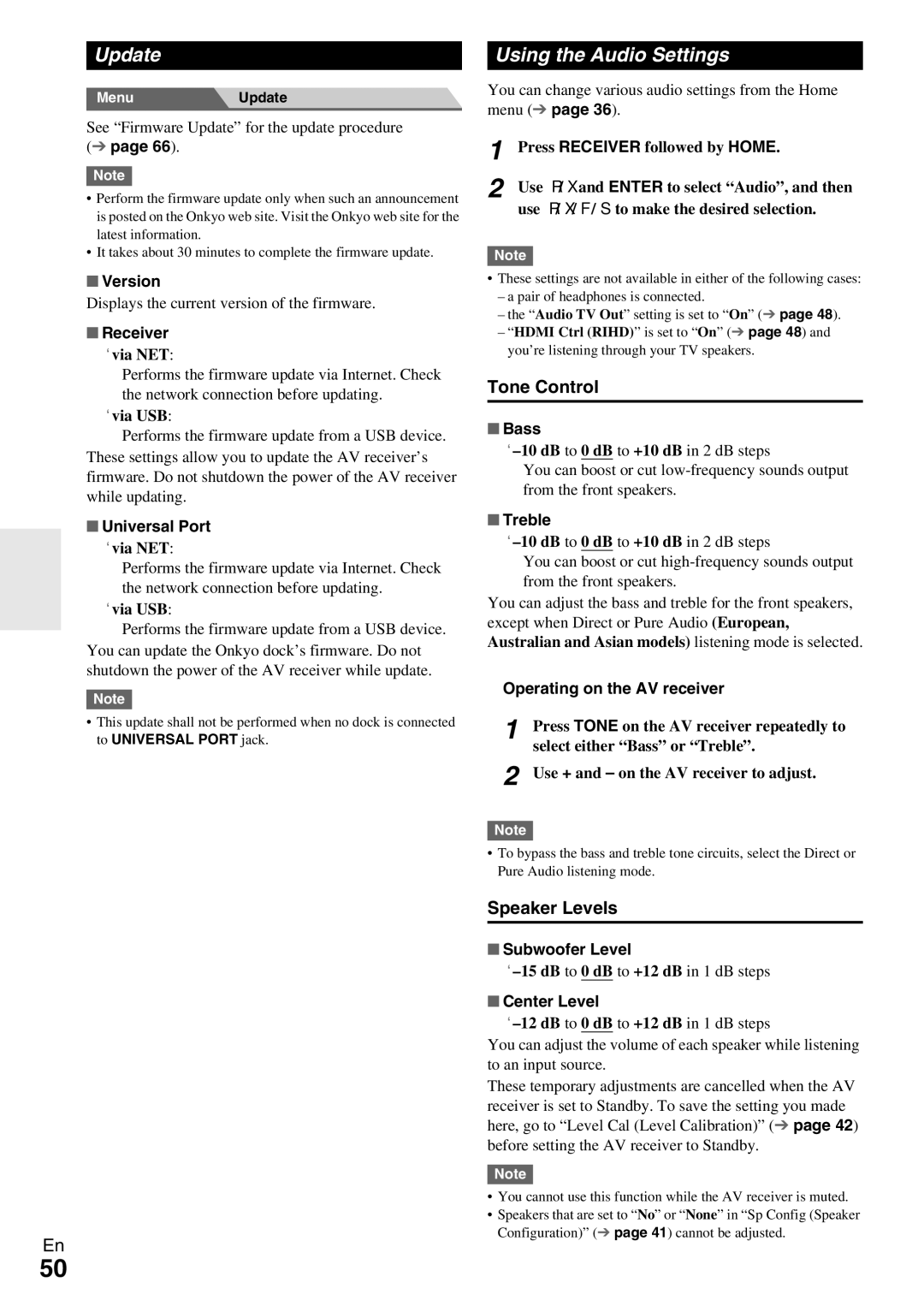 Onkyo TX-NR509 instruction manual Update, Using the Audio Settings, Tone Control, Speaker Levels 