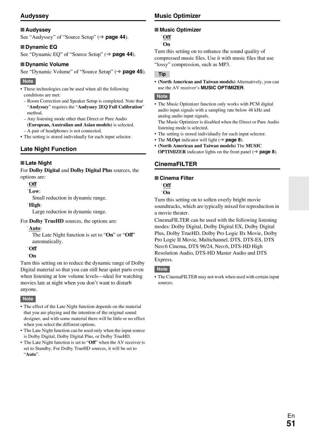 Onkyo TX-NR509 instruction manual Late Night Function, Music Optimizer, CinemaFILTER 