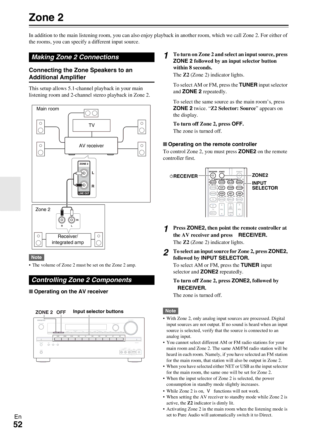 Onkyo TX-NR509 Making Zone 2 Connections, Controlling Zone 2 Components, Operating on the remote controller 