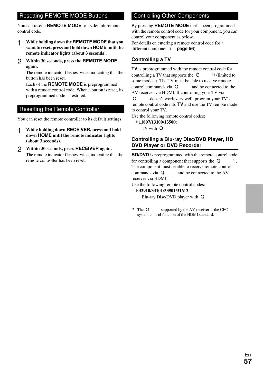 Onkyo TX-NR509 Resetting Remote Mode Buttons, Resetting the Remote Controller, Controlling Other Components 