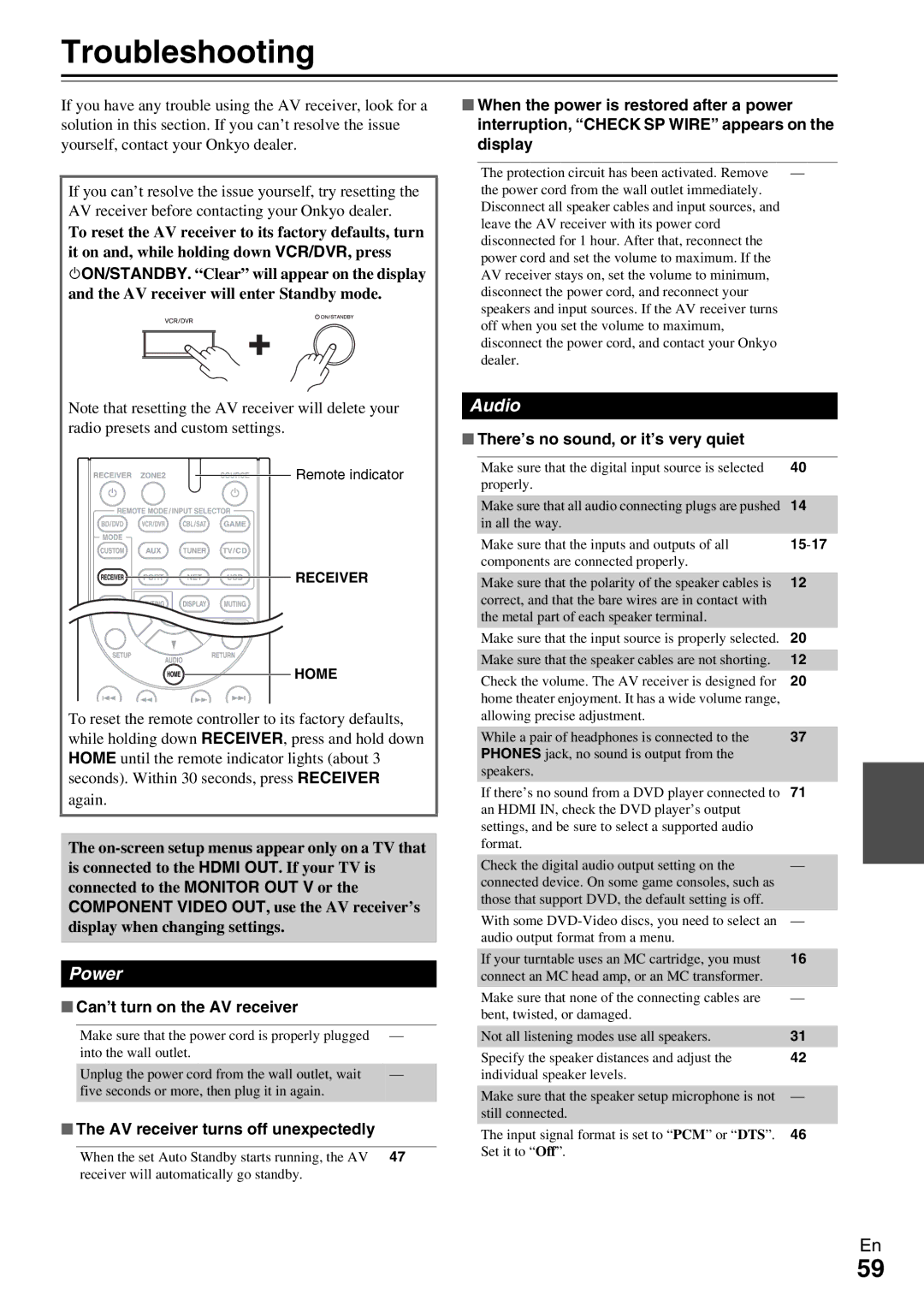 Onkyo TX-NR509 instruction manual Troubleshooting, Power, Audio 