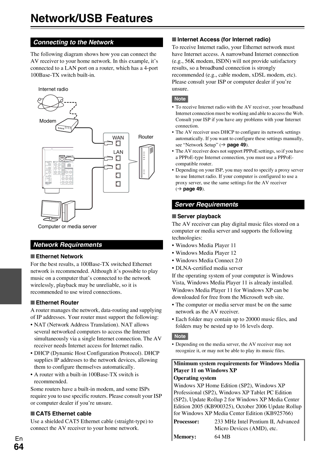 Onkyo TX-NR509 Network/USB Features, Connecting to the Network, Network Requirements, Server Requirements 