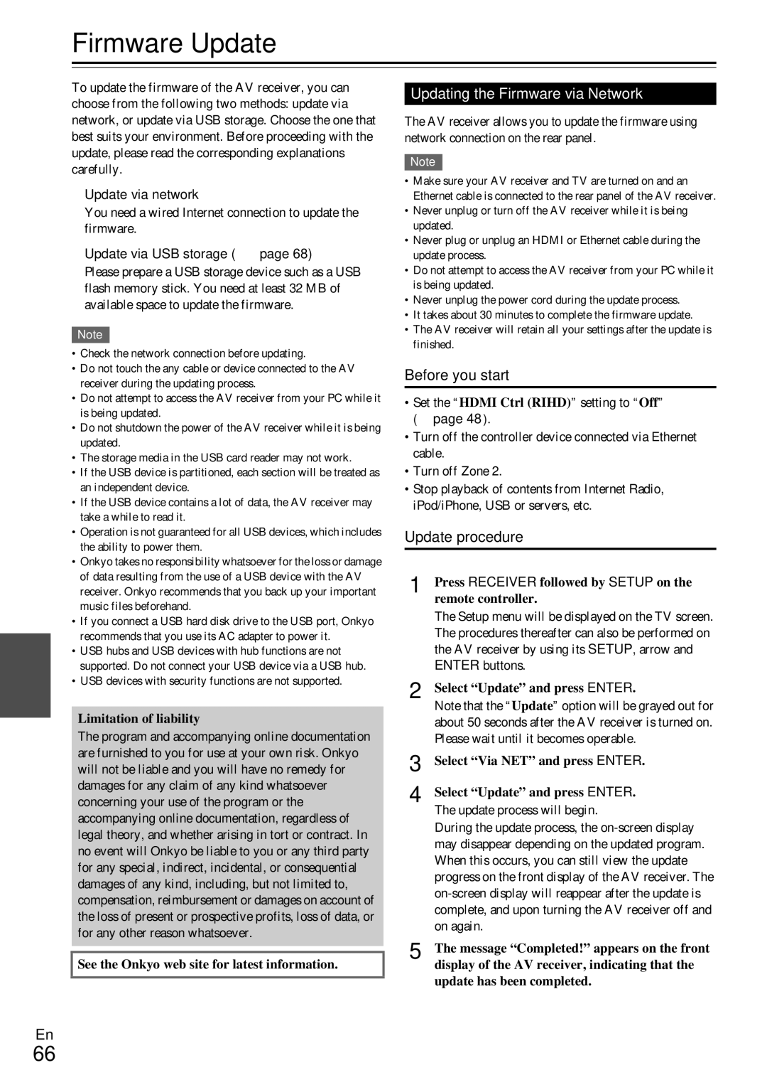 Onkyo TX-NR509 instruction manual Firmware Update, Updating the Firmware via Network, Before you start, Update procedure 