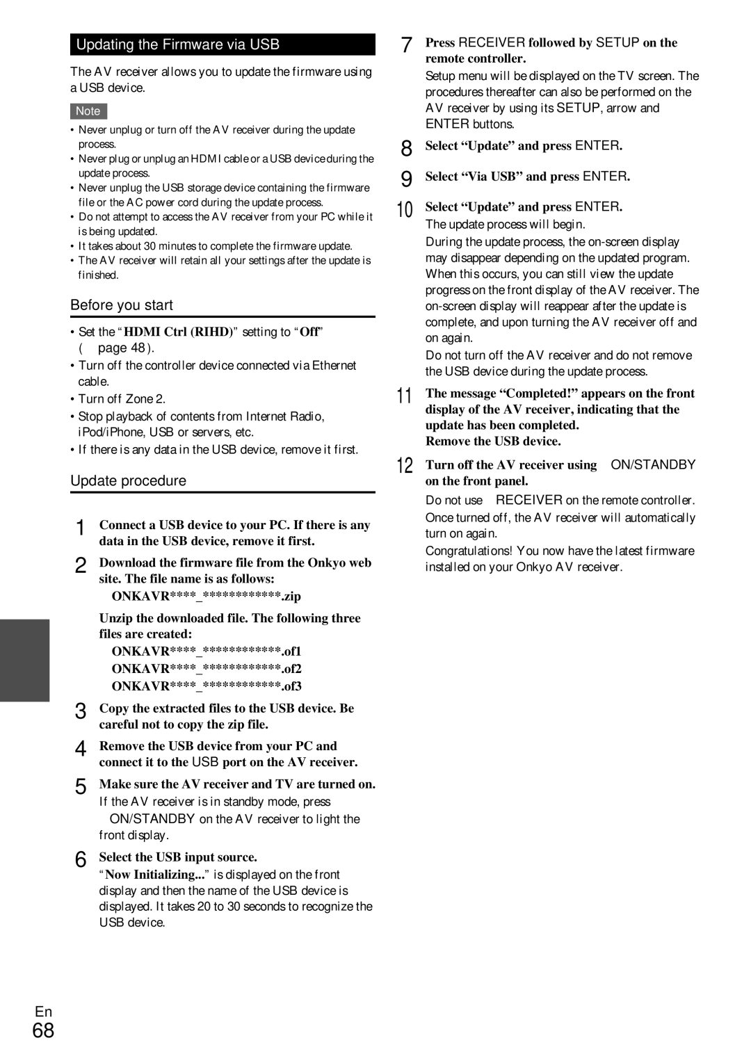 Onkyo TX-NR509 instruction manual Updating the Firmware via USB 