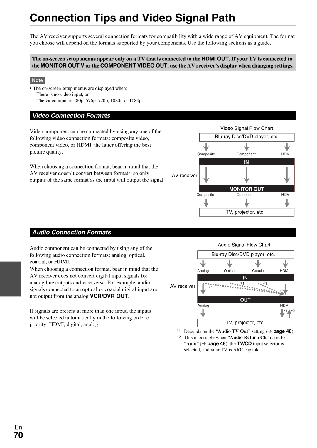 Onkyo TX-NR509 instruction manual Connection Tips and Video Signal Path, Video Connection Formats, Audio Connection Formats 