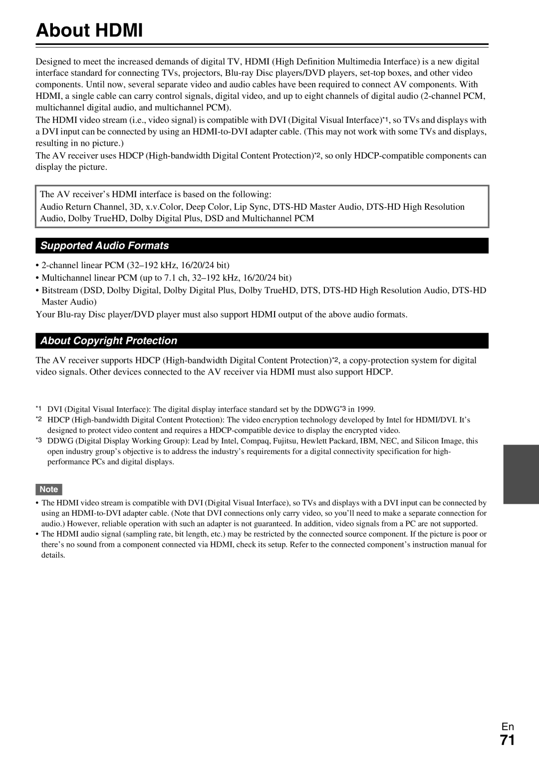 Onkyo TX-NR509 instruction manual About Hdmi, Supported Audio Formats, About Copyright Protection 