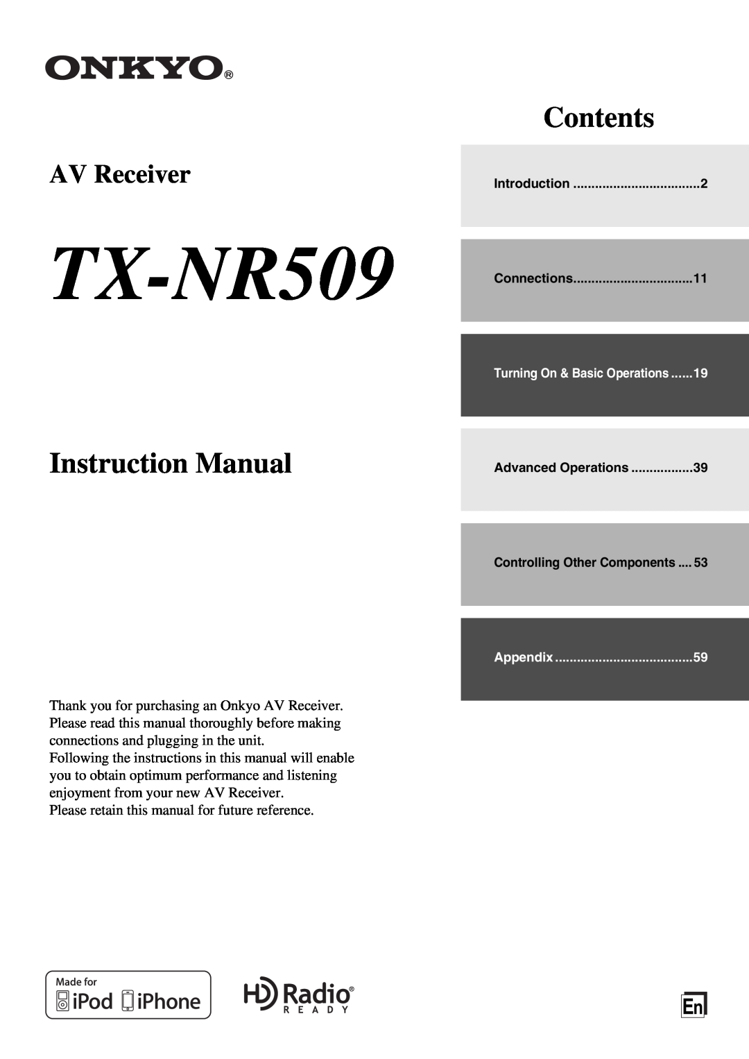 Onkyo TX-NR509 instruction manual Contents, AV Receiver 