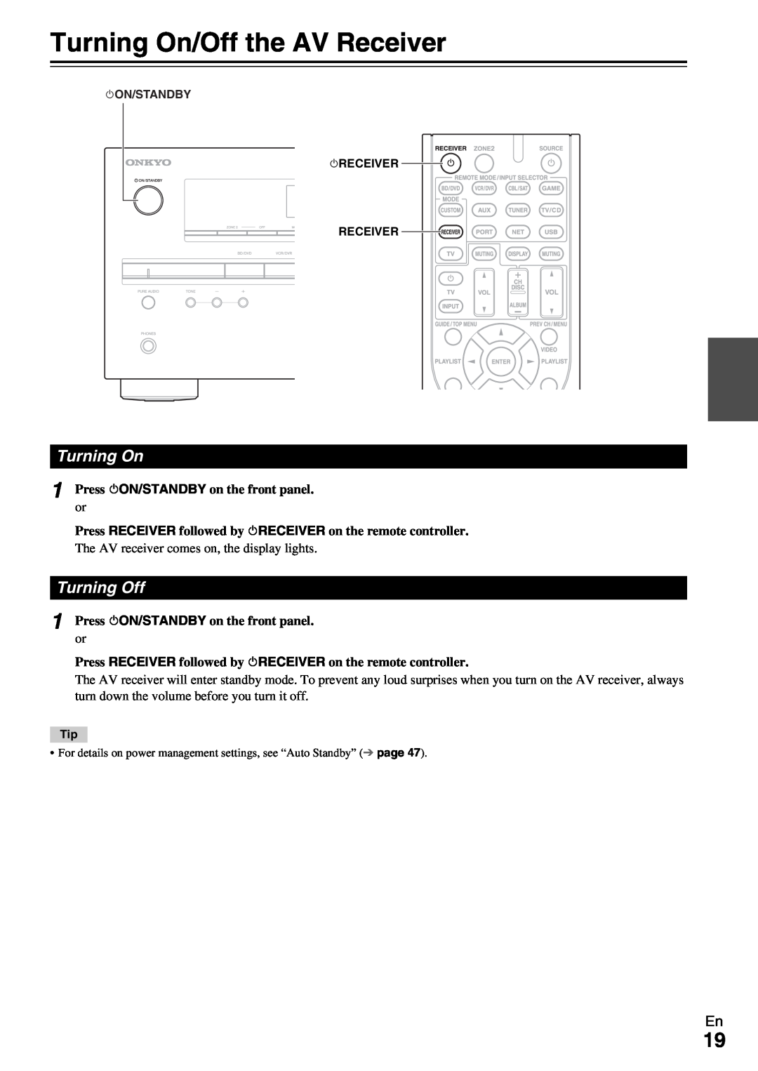 Onkyo TX-NR509 instruction manual Turning On/Off the AV Receiver, Turning Off 